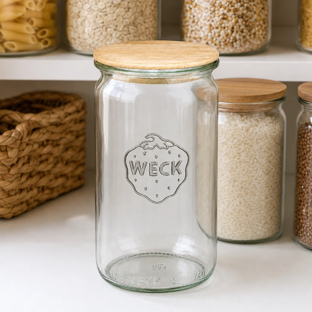 340ml Zylinderglas WECK RR60 mit Holzdeckel WECK Zylinderglas 340ml RR60 leer mit Holzdeckel in organisierter Vorratsküche zwischen gefüllten Vorratsgläsern