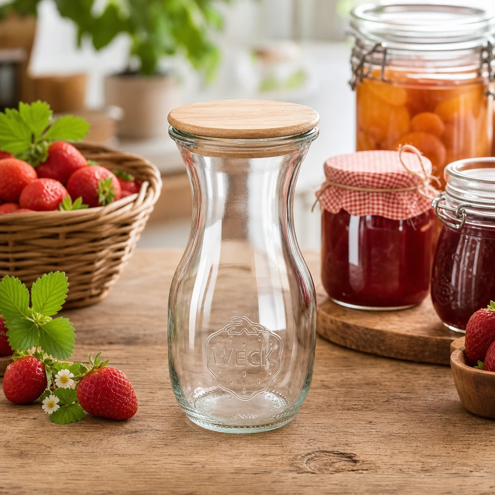 290ml Saftflasche Edition RR60 mit Holzdeckel WECK Saftflasche 290ml mit Holzdeckel in natürlicher Küchenumgebung mit Erdbeeren und Marmeladengläsern