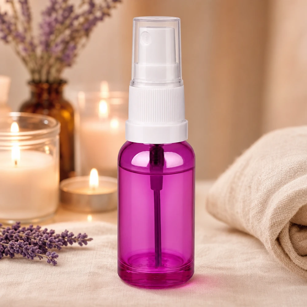 20ml Sprayflasche weiss/transparent Standard PurpleLine UT18/20 Hochwertige 20ml Sprühflasche durchsichtig lila mit weißem Pumpkopf für Gesichtswasser