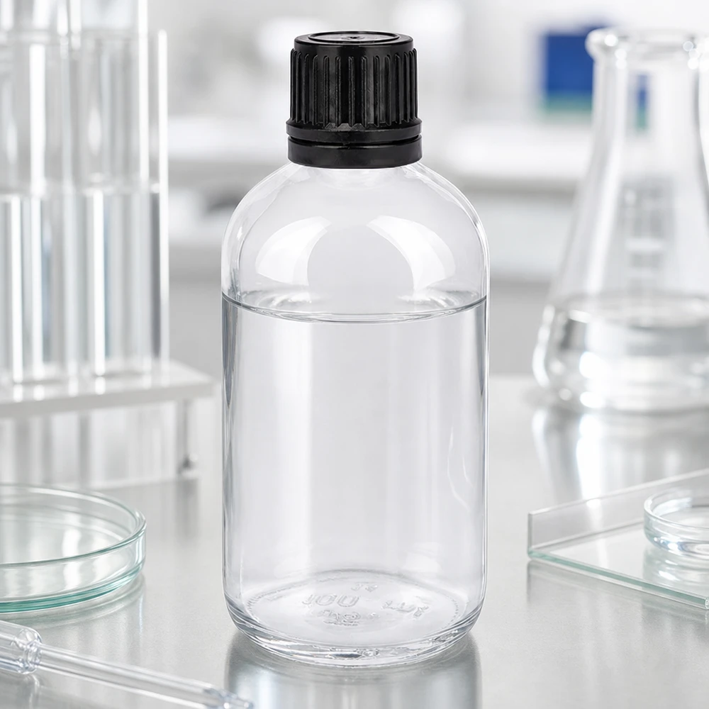 Foto di laboratorio di una bottiglia di vetro trasparente da 100 ml con tappo a vite nero, circondata da strumenti di laboratorio