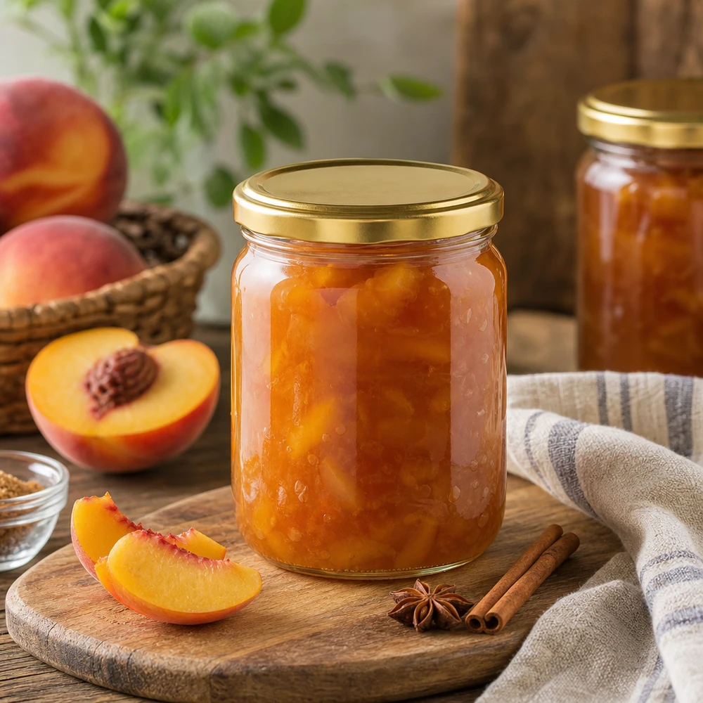 Barattolo di vetro rotondo da 425 ml con coperchio BasicSeal oro UNiTWIST Confettura di pesche fatta in casa in un barattolo rotondo da 425 ml con coperchio BasicSeal dorato - per una spalmatura di frutta personalizzata