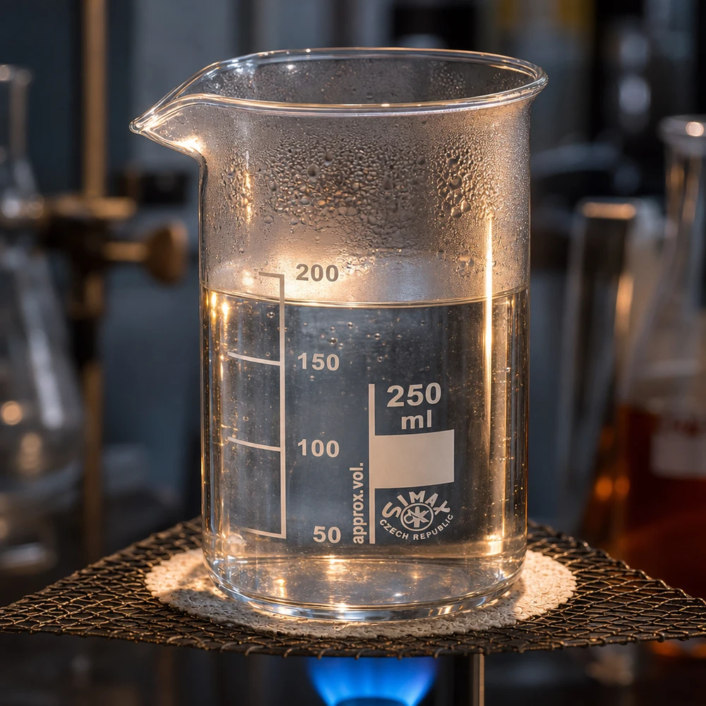 Bicchiere 250ml in vetro borosilicato, forma alta Becher da 250 ml a forma alta, posizionato su una rete metallica sopra un becco Bunsen durante il riscaldamento in un laboratorio di chimica