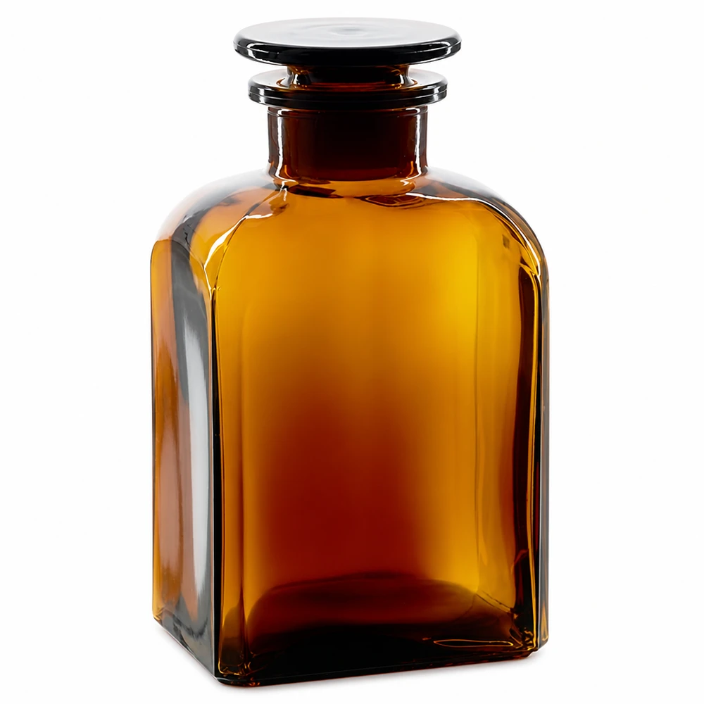 Bottiglia quadrata da 500 ml, marrone, a collo largo, con tappo in vetro, realizzata in vetro da laboratorio di alta qualità