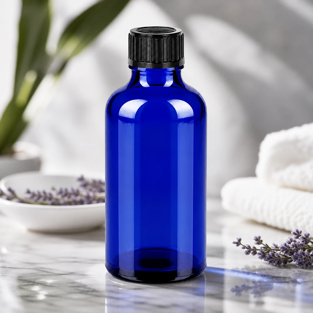 Bottiglia in vetro riciclabile BlueLine da 50 ml con tappo nero a prova di bambino per uso domestico
