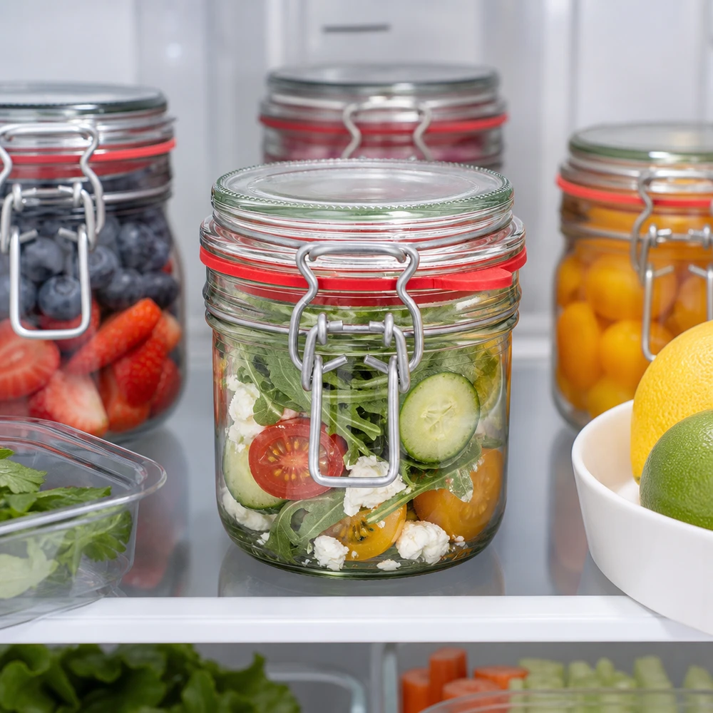 Barattolo da 255 ml, tipo G, con tappo a clip UN.. 255ml Vorratsglas mit Bügelverschluss im Kühlschrank mit frischem Salat gefüllt neben anderen Meal-Prep-Gläsern