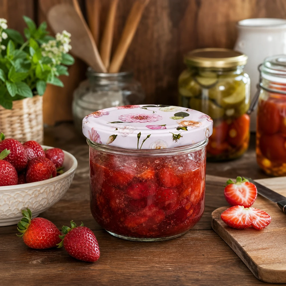 260ml Sturzglas + BasicSeal Deckel Blume rosa UNiTWIST Einmachglas 260ml mit Blumendeckel gefüllt mit Erdbeermarmelade - Sturzglas für Konfitüre und Marmelade in Küche