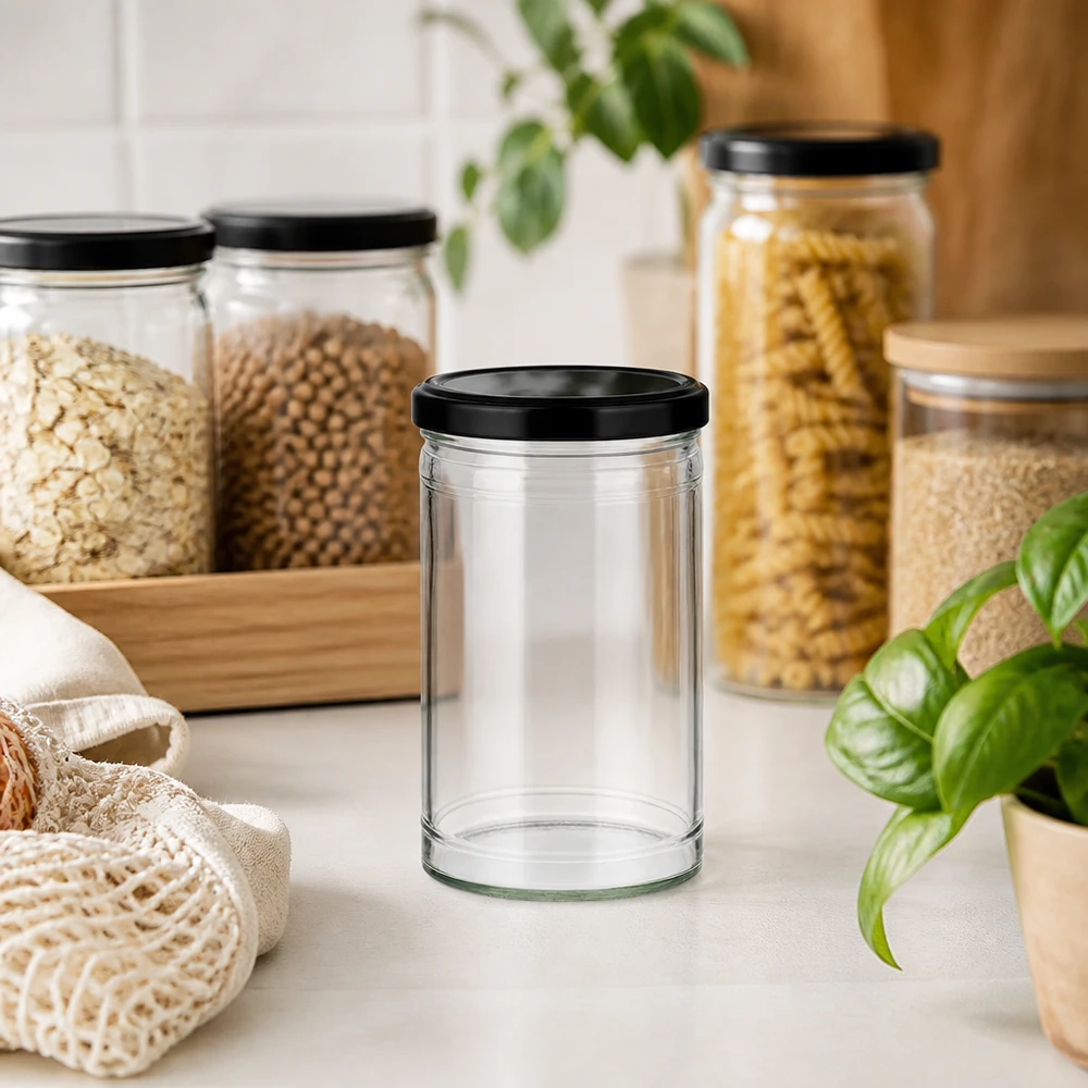 Barattolo di vetro vuoto da 1053 ml con coperchio nero in cucina a spreco zero con barattoli di stoccaggio e materiali sostenibili