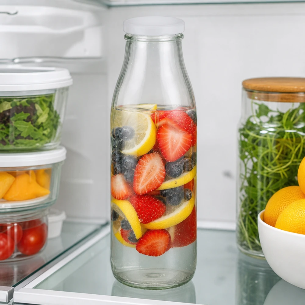 500ml Glasflasche + BasicSeal Deckel weiß UNiTWIST 500ml Glasflasche mit BasicSeal Deckel voller Beeren-Zitronen-Infused Water im Kühlschrank zwischen frischen Lebensmitte