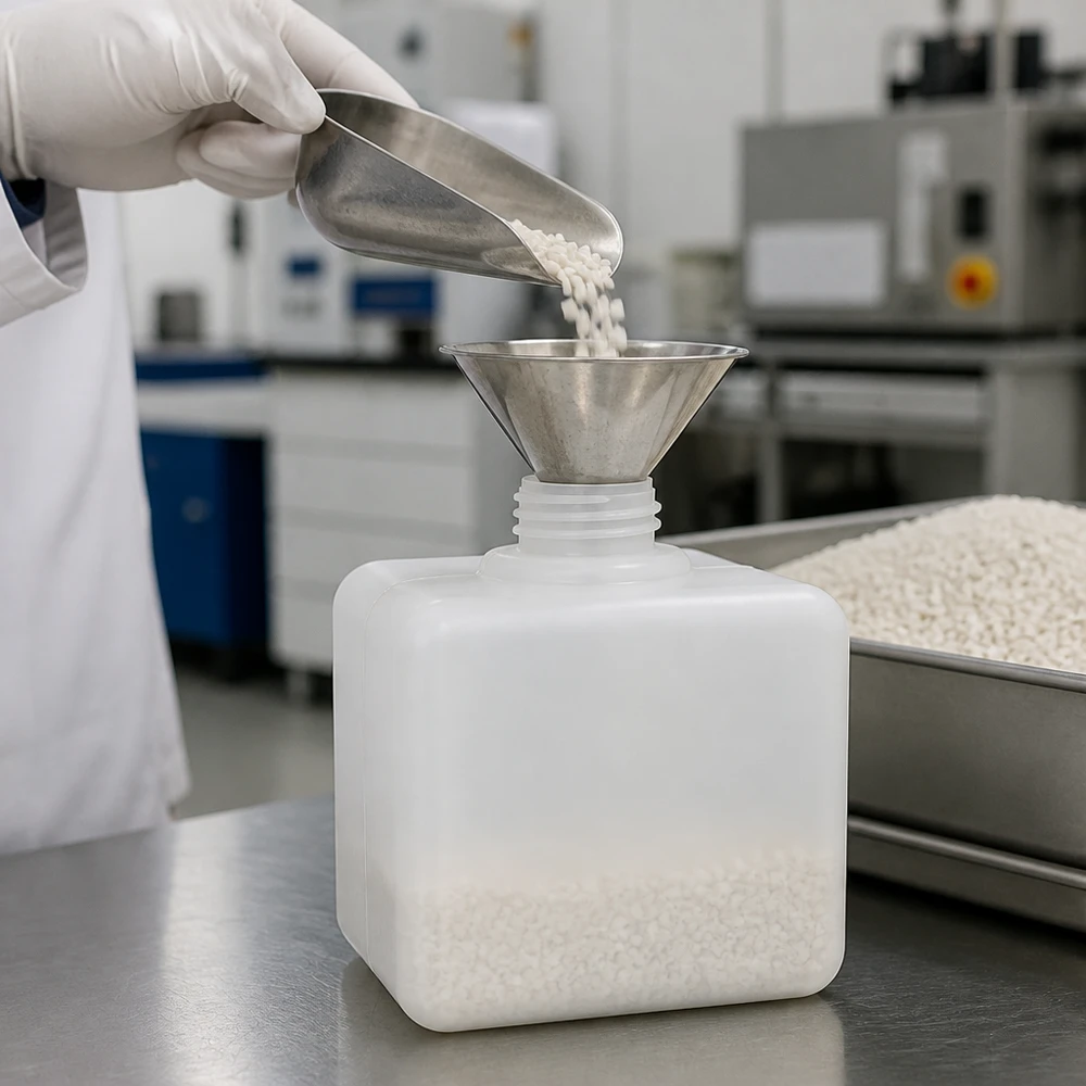 Flacon à produits chimiques 500 ml à col étroit, PEHD couleur naturelle, GL 32 Remplissage d'un flacon pour produits chimiques en PE-HD de 500 ml, à bouchon GL32, avec des granulés blancs sur un plan de travail en acier inoxydable