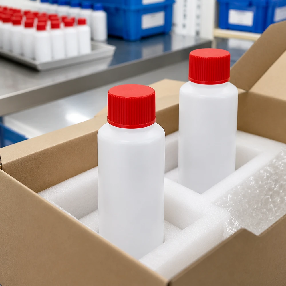 Flacons rectangulaires blancs en PEHD de 30 ml avec bouchon rouge, présentés dans un emballage en mousse pour un transport en toute sécurité
