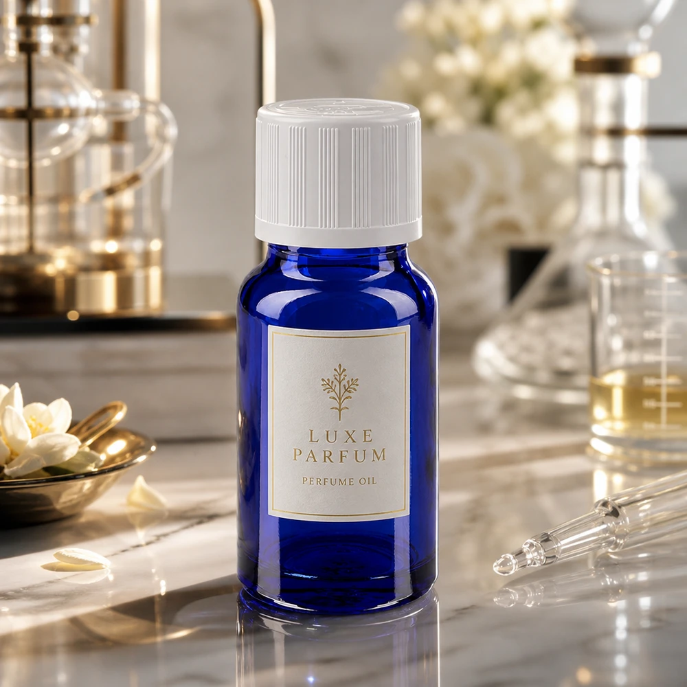 Apothekenflasche blau 10ml Tropfverschluss weiß Kindersicherung Standard 10ml blaue Tropfflasche mit KiSi-Verschluss für ätherische Öle auf goldenem Marmor-Hintergrund
