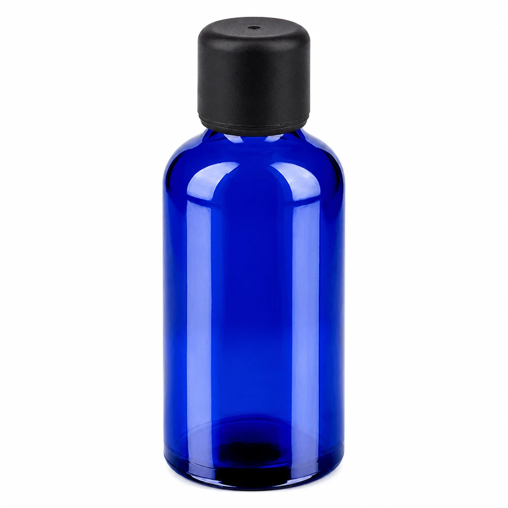 Flacon 50ml 6mm SV noir STD BlueLine UT18/50 Bouteille en verre bleu premium de 50 ml avec bouchon standard pour usage professionnel