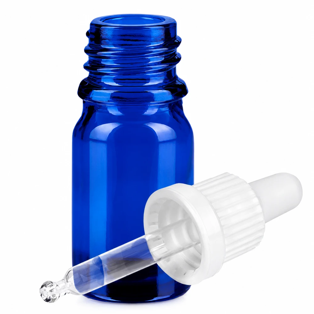 Flacone da 5 ml in vetro blu con tappo a pipetta per la conservazione igienica delle essenze