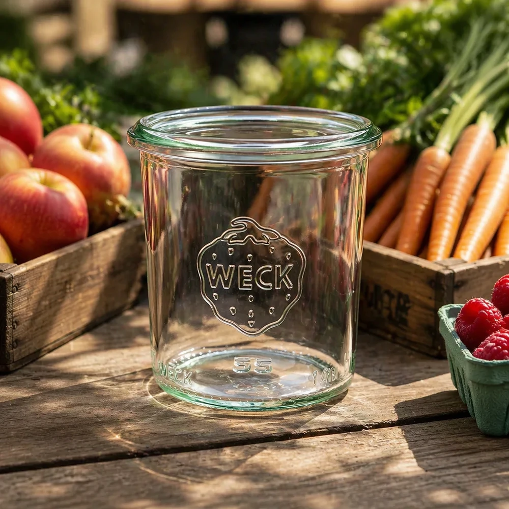 Bicchieri da 140 ml WECK RR60 Barattolo per conserve WECK RR60 da 140 ml su un tavolo di legno con frutta e verdura fresca sullo sfondo