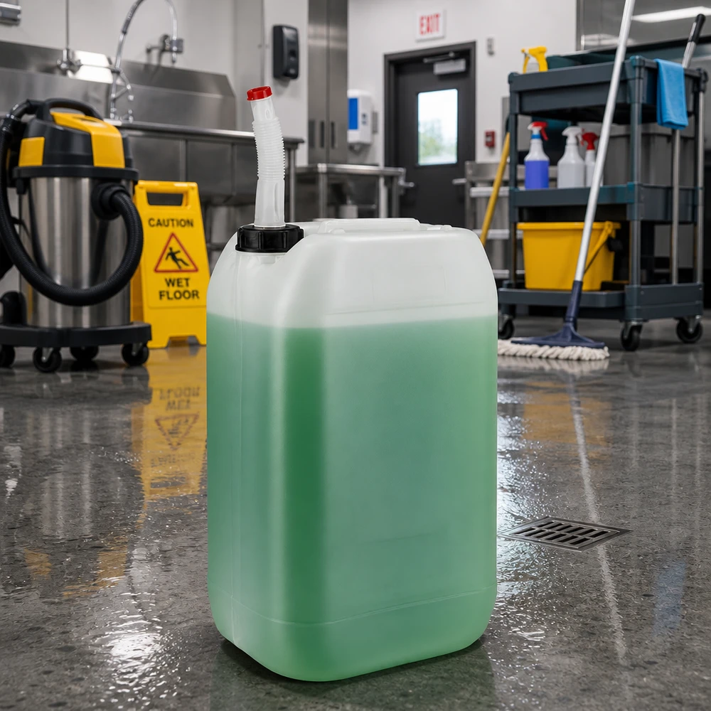 Bidon 15 litres avec tuyau d'écoulement Flex Liquide de nettoyage vert dans un bidon de 15 litres muni d'un bec verseur flexible, sur le sol de la cuisine