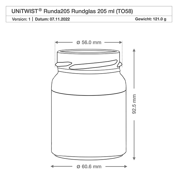UNiTWIST Runda205 - Barattolo rotondo capacità 205ml TO58 Disegno tecnico UNiTWIST Runda205 bicchiere rotondo 205ml TO58 con dimensioni Diametro 56mm Altezza 92,5mm Peso 121g