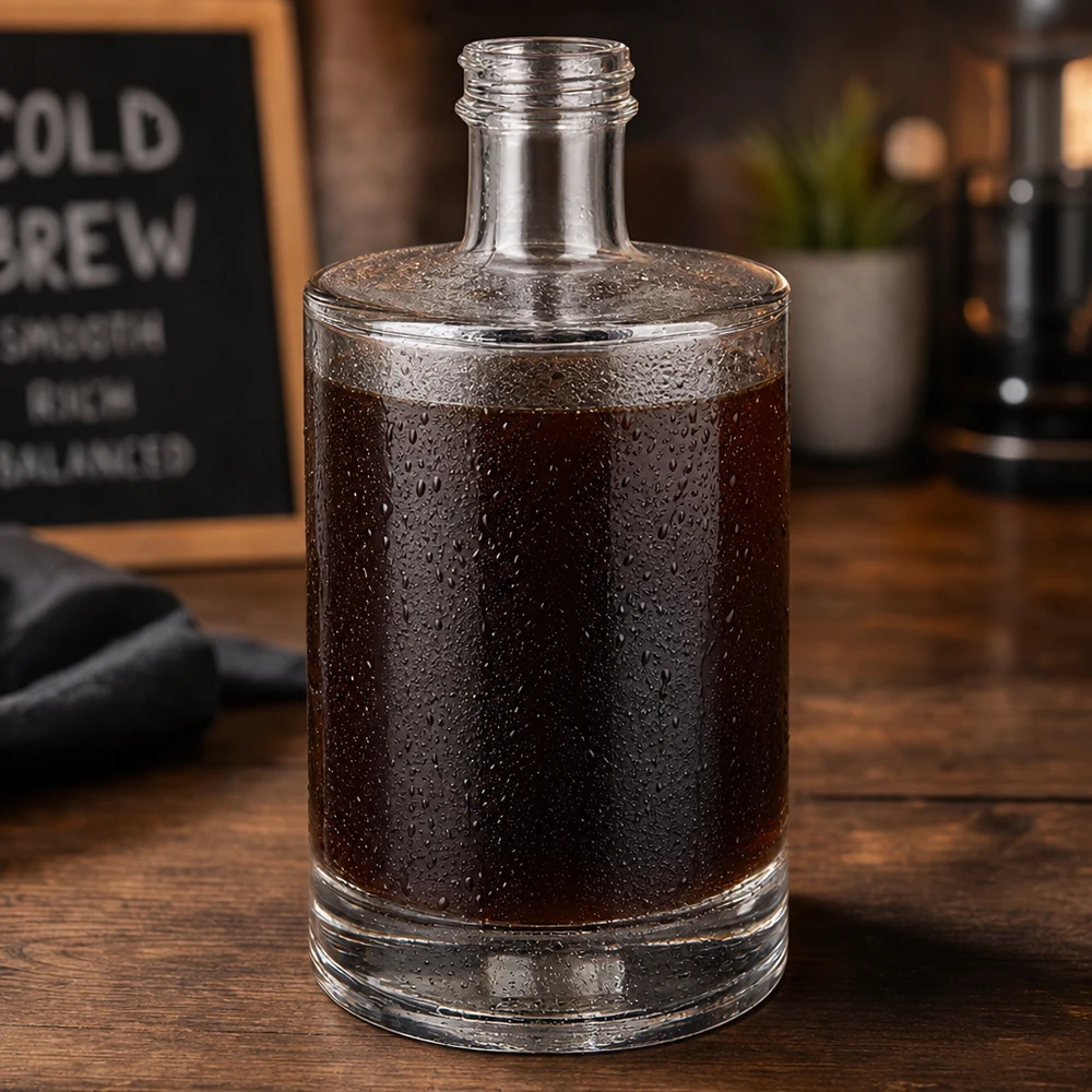 Bottiglia di vetro da 500 ml Sam riempita con gocce d'acqua di condensazione di caffè freddo Ambiente caffè Base in legno