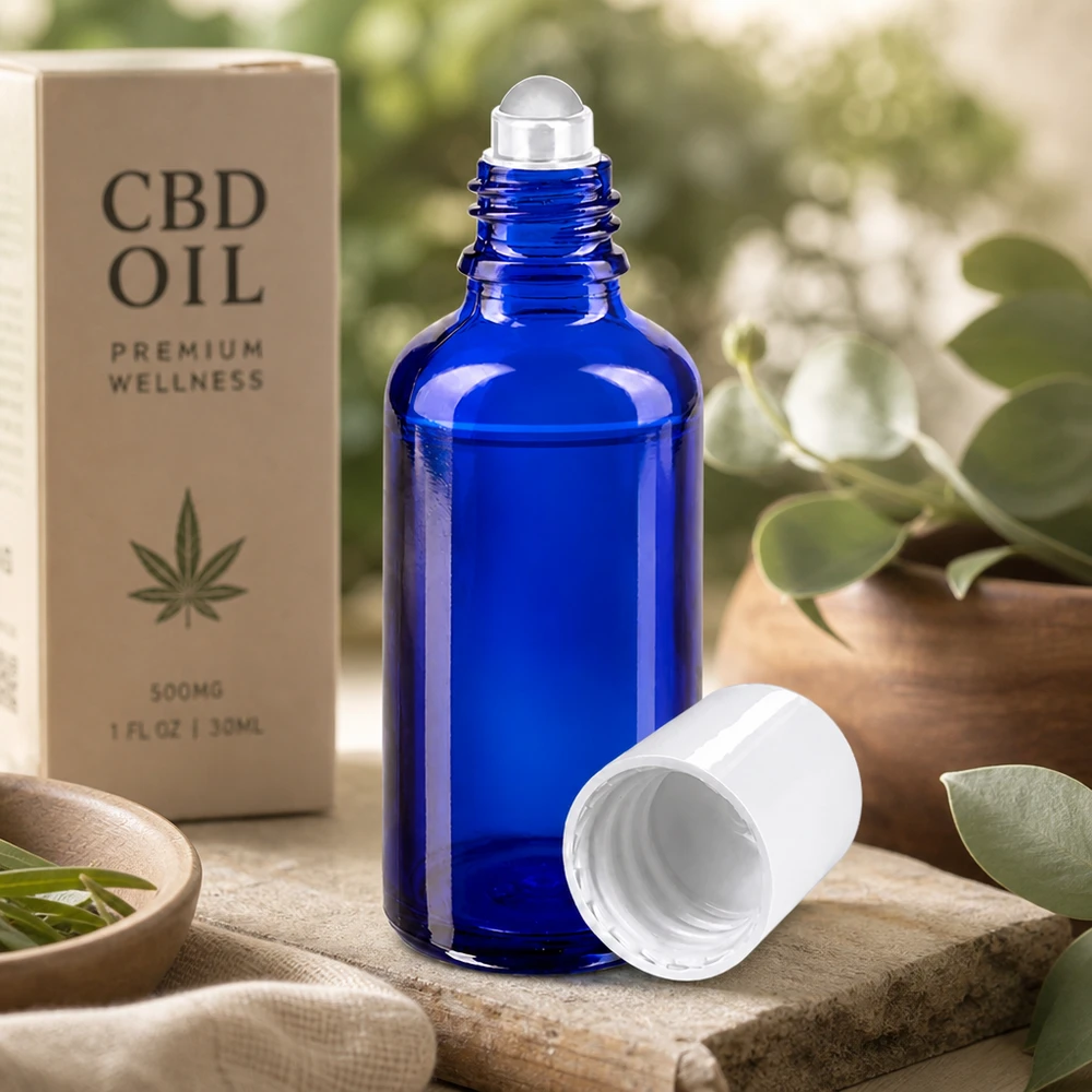 Schlanke blaue Apothekerflasche 50ml mit Rollauftrag für gezielte topische Anwendung