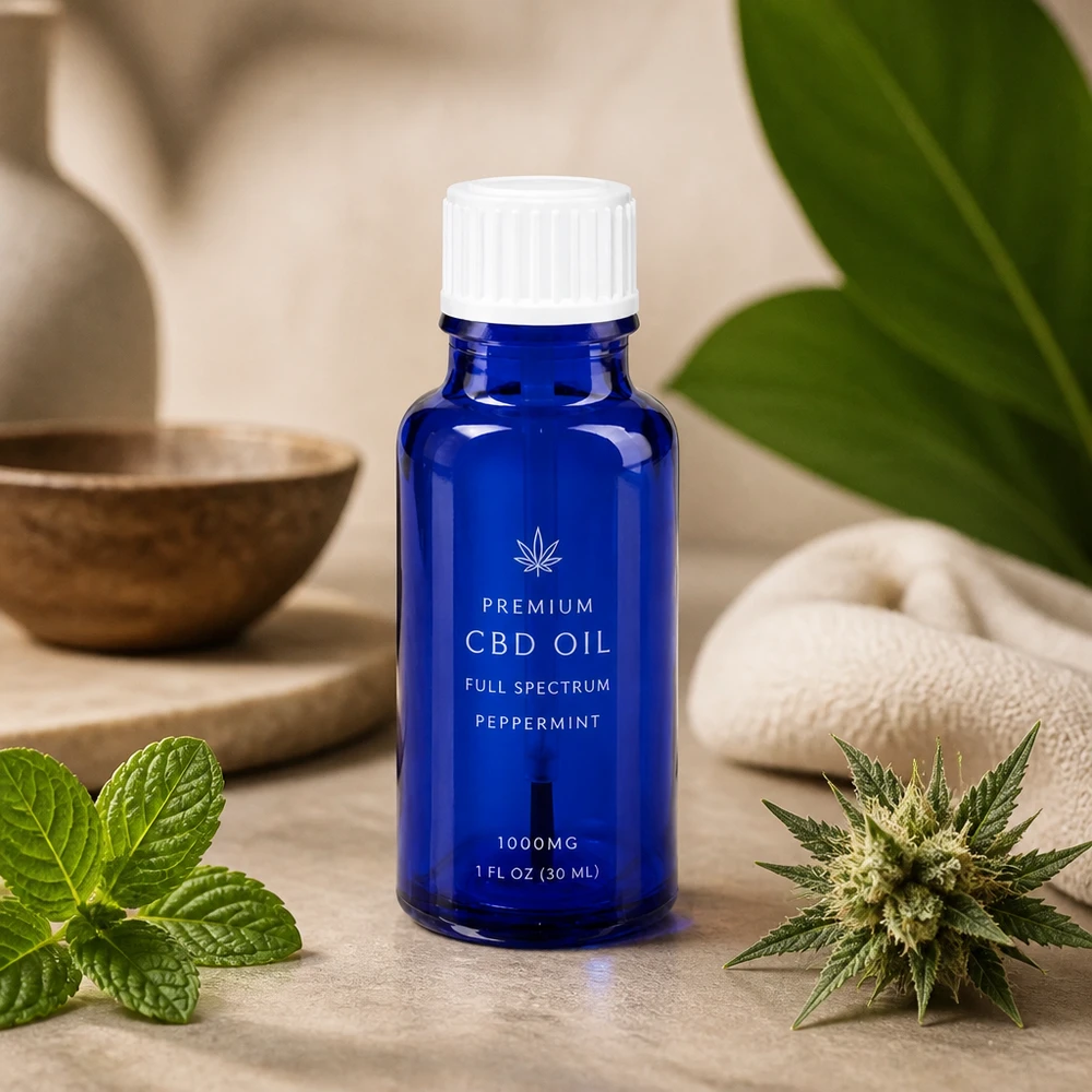 Apothekenflasche blau 20ml Schraubverschluss weiß Pinsel Pinselaufsatz Flasche blau 20ml ApoGlas mit Naturkräutern auf Steinoberfläche arrangiert