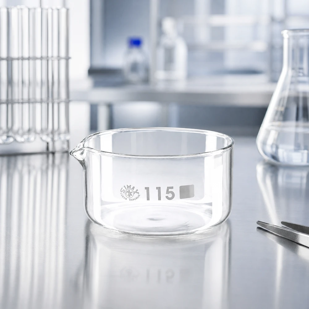 Coupelle de cristallisation 500 ml avec bec verseur Cuve de cristallisation SIMAX 500 ml en verre borosilicaté, posée sur une table en acier inoxydable de laboratoire professionnel, ø 115 mm