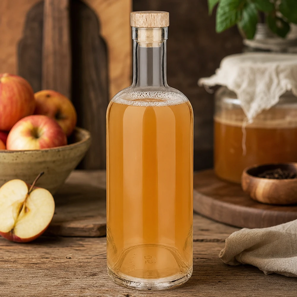 Bottiglia in vetro da 750 ml Emma con tappo in sughero con impugnatura in legno UNiTWIST® 750ml Glasflasche Emma mit Holzkorken gefüllt mit Apfelsaft inmitten herbstlicher Apfel-Deko auf rustikalem Holztisch
