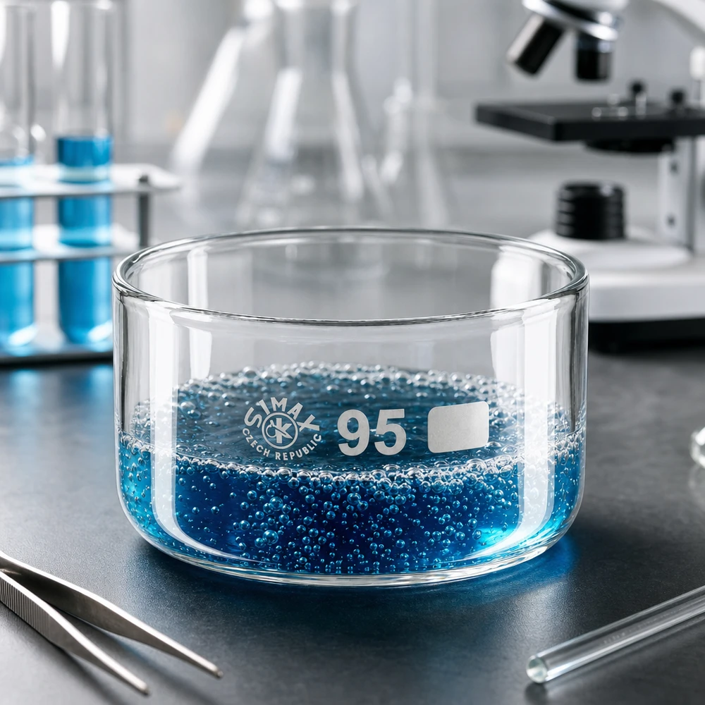 Piatto per cristallizzazione da 300ml senza beccuccio Bo. ø95mm Vaschetta di cristallizzazione Simax da 300 ml, soluzione blu con perline, allestimento da laboratorio, microscopio, pinzette