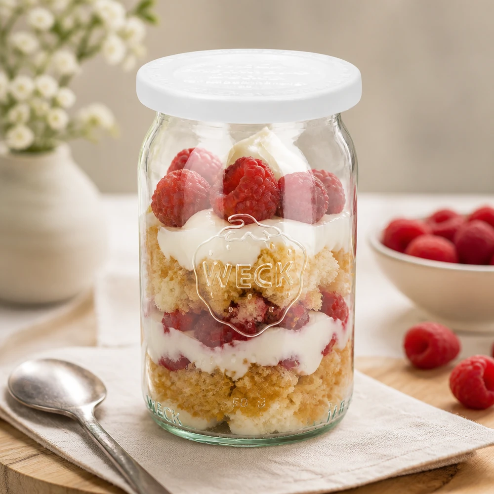 Barattolo cilindrico da 145 ml con coperchio salvafreschezza. WECK RR40 WECK RR40 vaso cilindrico 145ml con dessert a strati di lamponi e crema come vaso da colazione su base chiara
