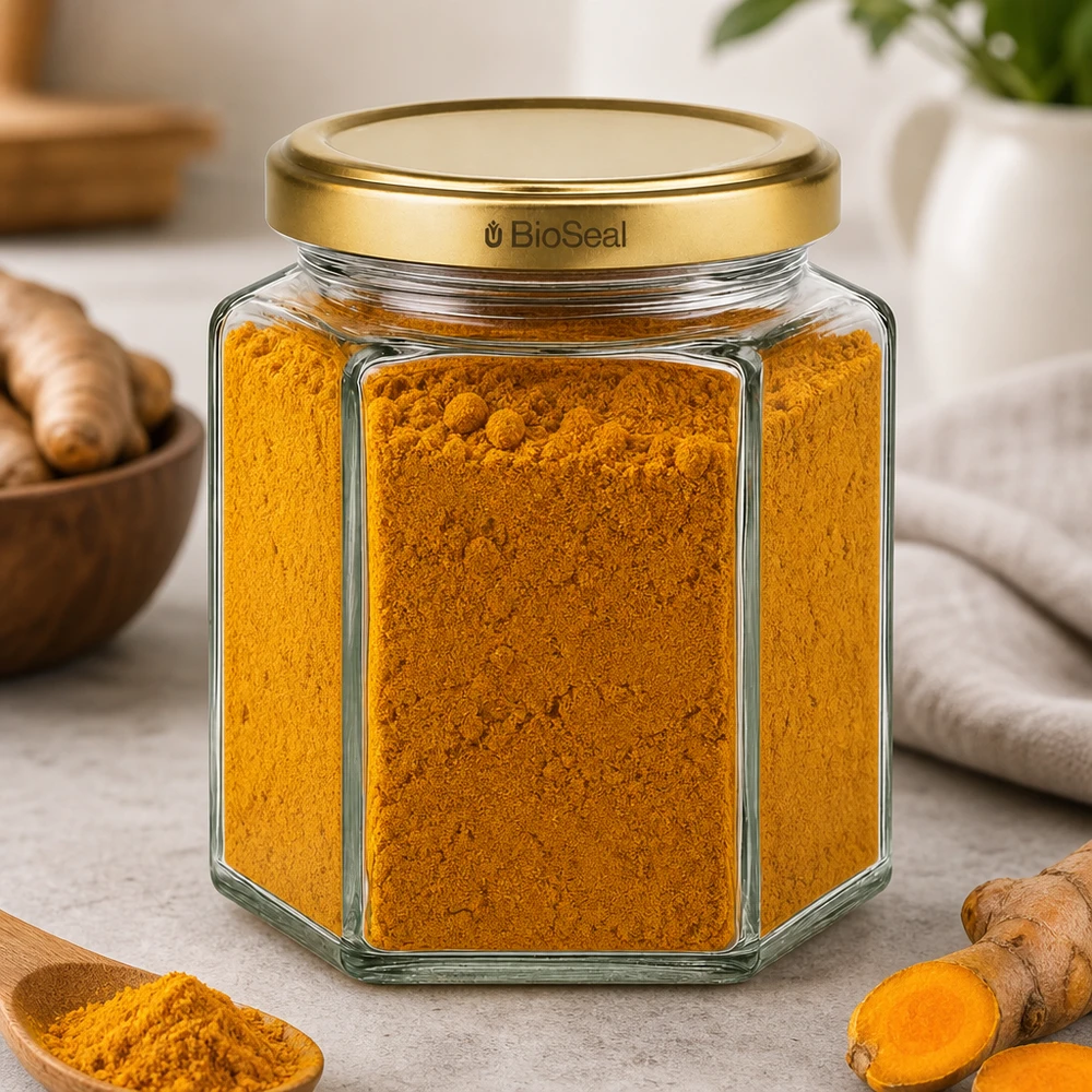 Barattolo per spezie UNiTWIST Hexa390 con coperchio dorato BioSeal riempito di curcuma in polvere accanto a radici di zenzero fresco