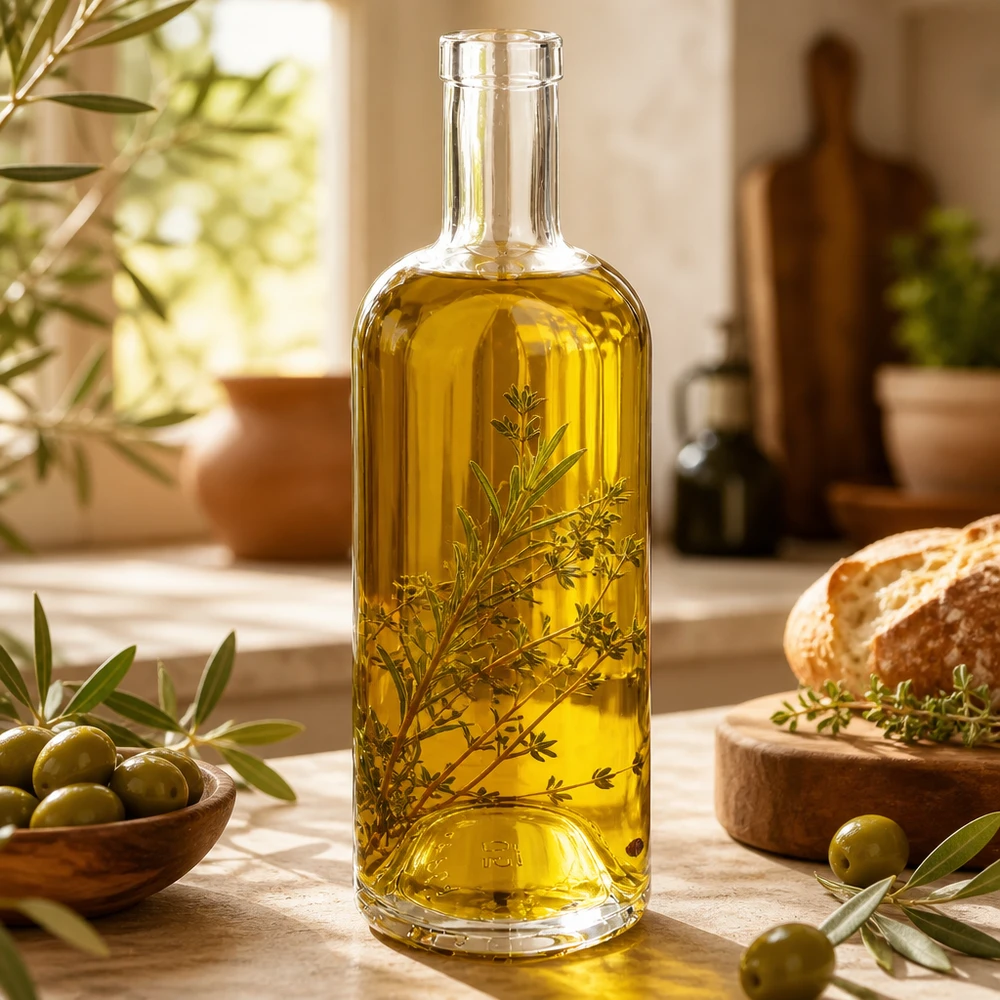 Bottiglia di vetro da 750 ml di Emma riempita con olio d'oliva ed erbe aromatiche accanto a pane alle olive e decorazioni mediterranee