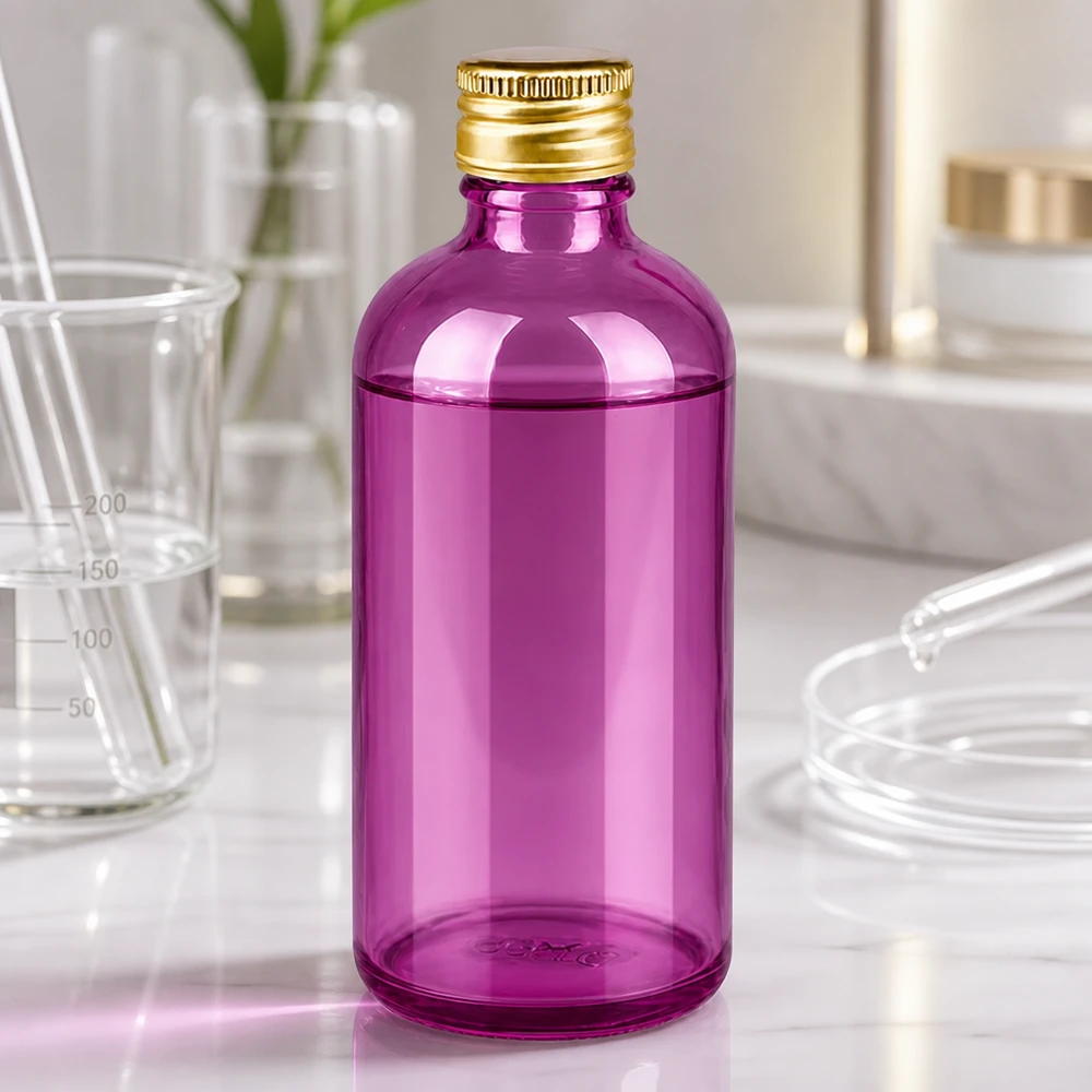 100ml Flasche 11mm Schraubverschluss Alu-Gold Standard PurpleLine. UT18/100 Violette Glasflasche 100ml mit wiederverwendbarem Schraubdeckel für nachhaltige Kosmetikverpackung
