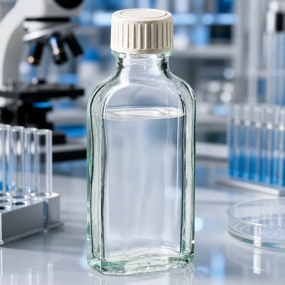 Flacone Meplat da 50 ml trasparente con tappo a vite bianco e inserto in schiuma di PE in ambito di laboratorio
