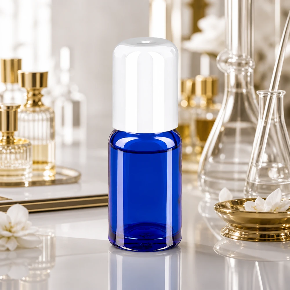 10ml Roll-On Flasche weiß Standardverschluss BlueLine UT18/10 Stilvolle blaue Roll-On Flasche 10ml STD BlueLine ideal für Parfüm und Pflegeöle