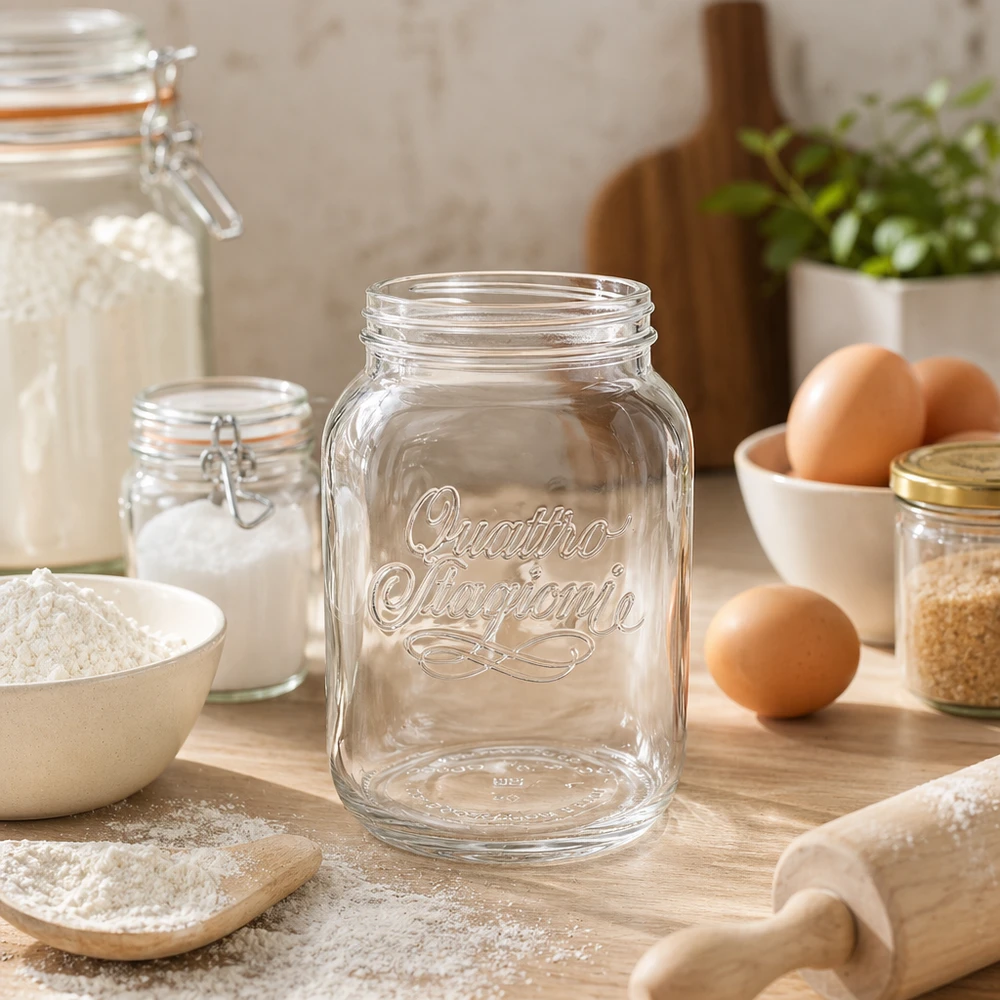 Vaso da 3000ml per uso domestico "Quattro Stagioni Quattro Stagioni bicchiere per la casa 3000ml trasparente su tavolo di legno con utensili da cucina uova e farina