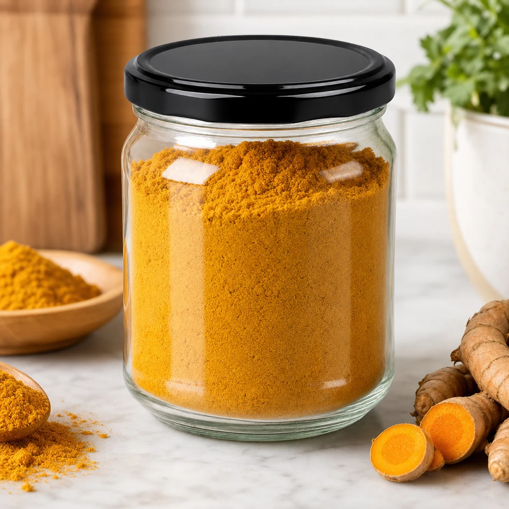 Barattolo rotondo da 212 ml con coperchio nero riempito di polvere di curcuma in ambiente di cucina con radici di curcuma fresche