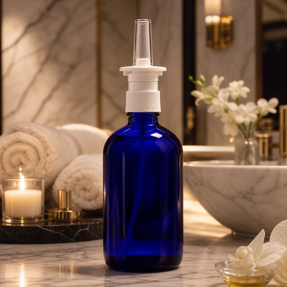 Apothekenflasche blau 100ml Nasenzerstäuber weiß Standard Blaue Glasflasche 100ml für Nasenspray mit weißem Pumpverschluss und langer Applikationsdüse