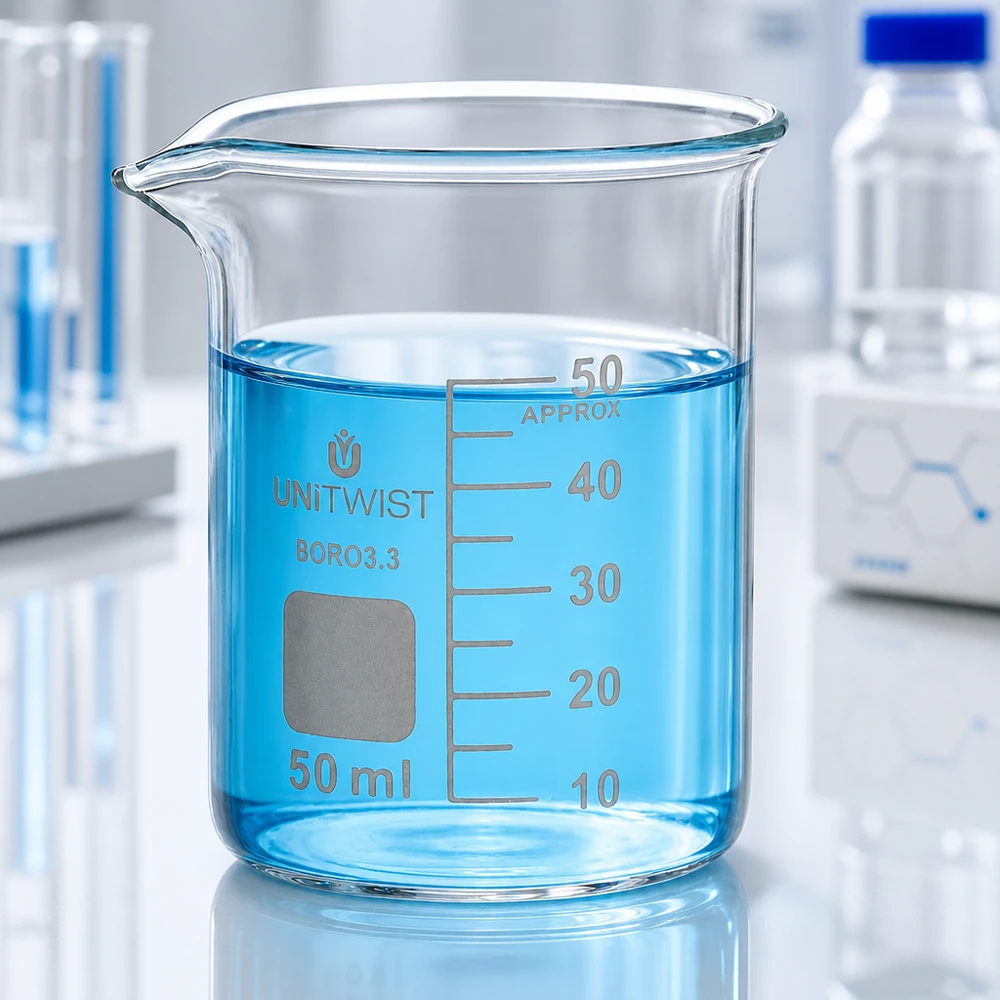 Bicchiere da 50 ml in borosilicato, a basso stampo UNiTWIST Bicchiere da laboratorio UNiTWIST da 50 ml, forma bassa, contenente un liquido turchese con un livello di 45 ml in laboratorio