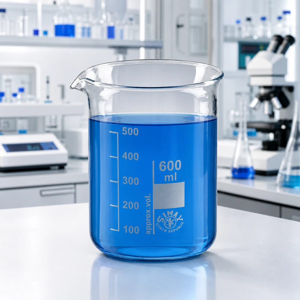 Bicchiere 600ml in vetro borosilicato, forma bassa Bicchiere da 600 ml in vetro borosilicato di forma bassa con scala e beccuccio per una misurazione precisa