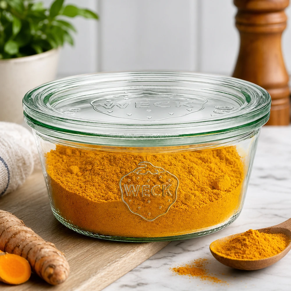 Bocal WECK RR100 de 290 ml, à bord évasé et couvercle en verre WECK Sturzglas 290ml RR100 mit Kurkumapulver befüllt als Gewürzdose neben frischer Kurkumawurzel und Holzlöffel