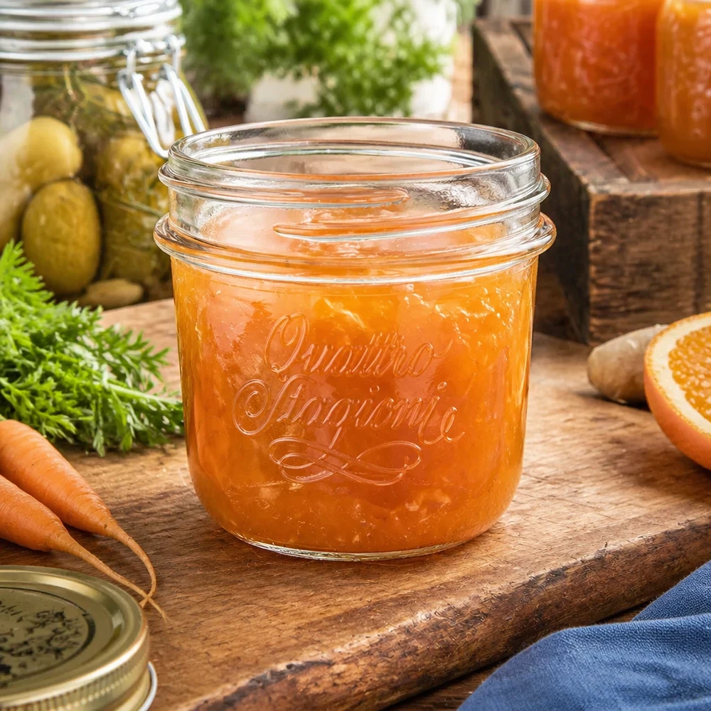 Vaso per gioielli "Quattro Stagioni" da 200 ml Vasetto Quattro Stagioni da 200 ml con marmellata di arance su tavola di legno accanto a carote e cetrioli