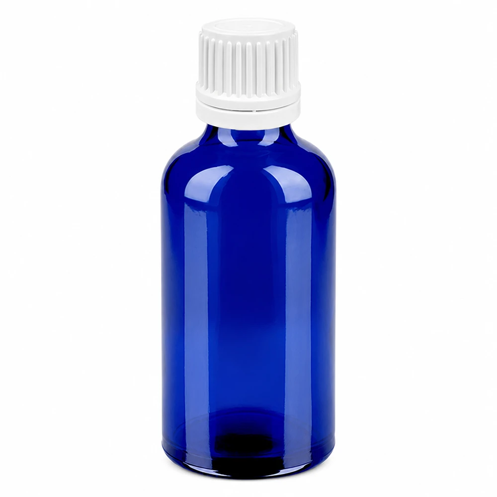Flacon compte-goutte 50ml 0.7mm blanc OV BlueLine UT18/50 Petit flacon compte-gouttes de 50 ml en verre bleu avec bouchon compte-gouttes précis BlueLine de 0,7 mm