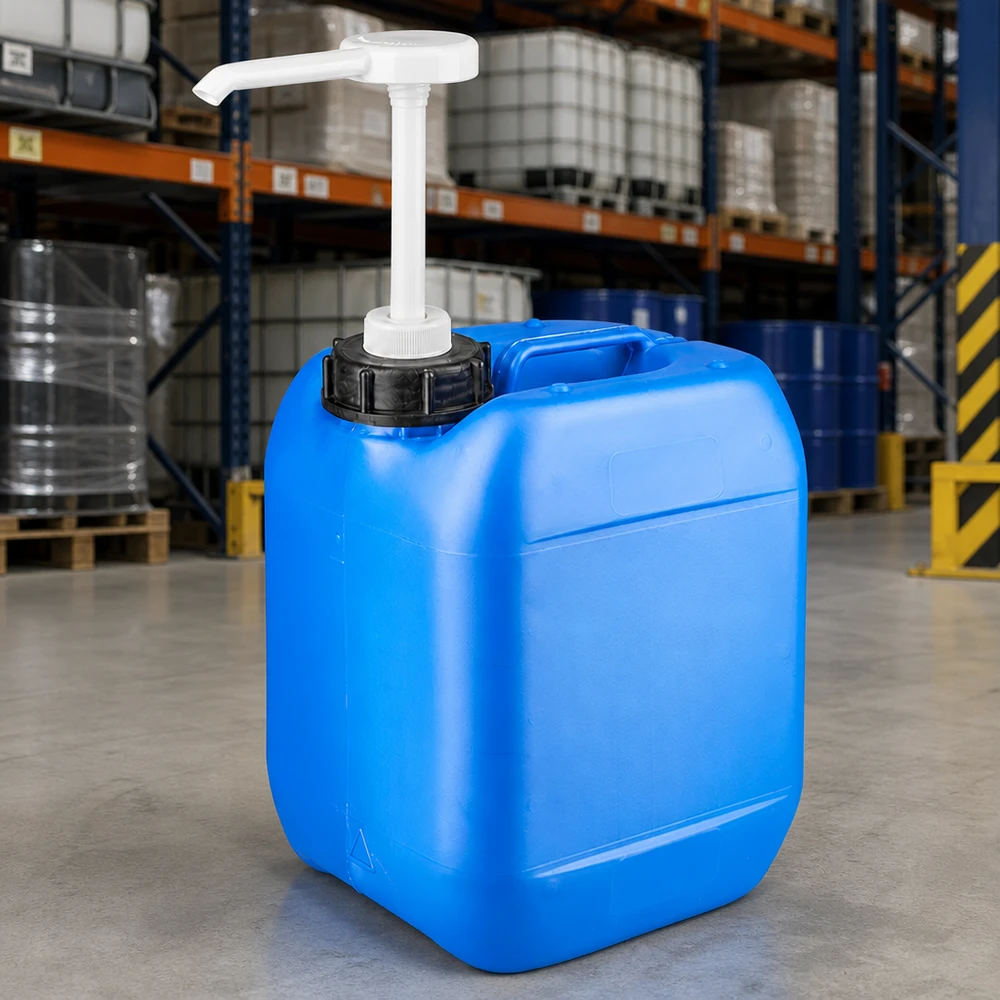 Bidon de 5 litres bleu avec pompe doseuse Bidon bleu de 5 litres en PEHD avec pompe doseuse, posé sur un sol en béton dans l'entrepôt