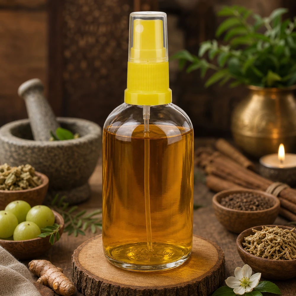 Flacone spray per oli alle erbe ayurvediche da 100 ml, giallo trasparente con dosatore a pompa ClearLine