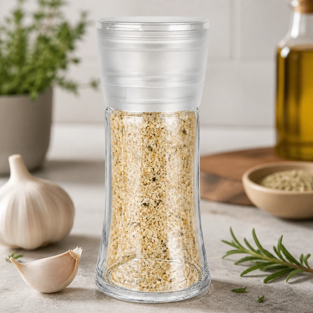 Pot à sel/épices 95 ml avec moulin Vario blanc Nachfüllbare Salzmühle 95ml Vario mit grobkörnigem Würzsalz in modernem Küchenambiente