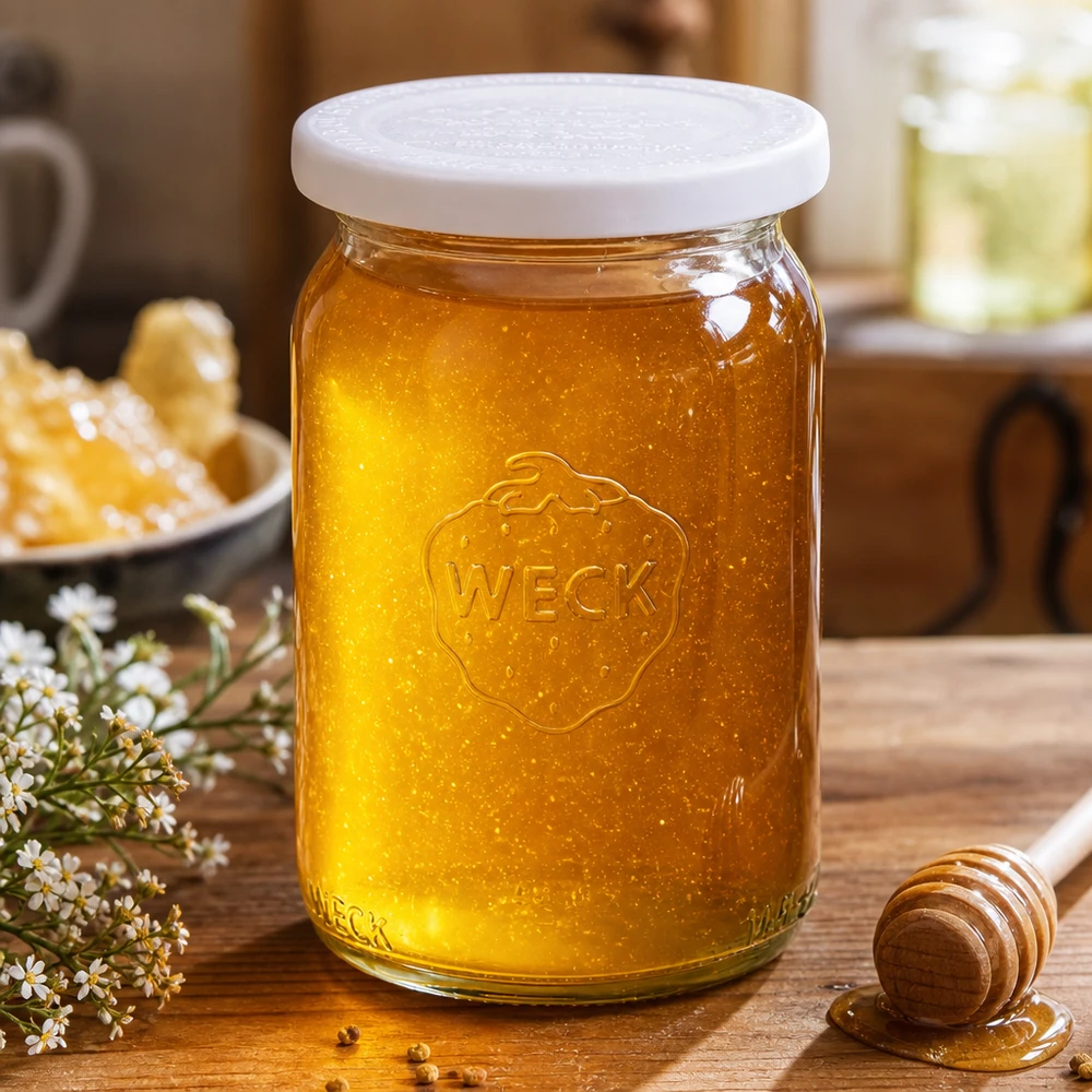 Barattolo cilindrico da 145 ml con coperchio salvafreschezza. WECK RR40 Vaso cilindrico WECK da 145 ml RR40 riempito di miele su una tavola di legno decorata con un cucchiaio da miele e fiori di camomilla