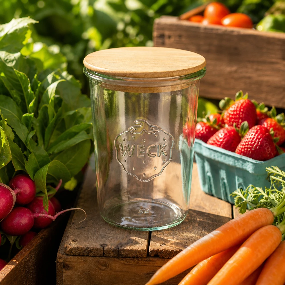 850ml Sturzglas WECK RR100 mit Holzdeckel WECK Vorratsglas 850ml RR100 Holzdeckel Gartenszenerie frisches Gemüse Karotten Radieschen Erdbeeren Tomaten