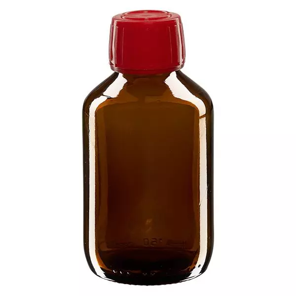 150ml Medizinflasche braun, Verschluss rot mit Originalitätsring ApoGlas