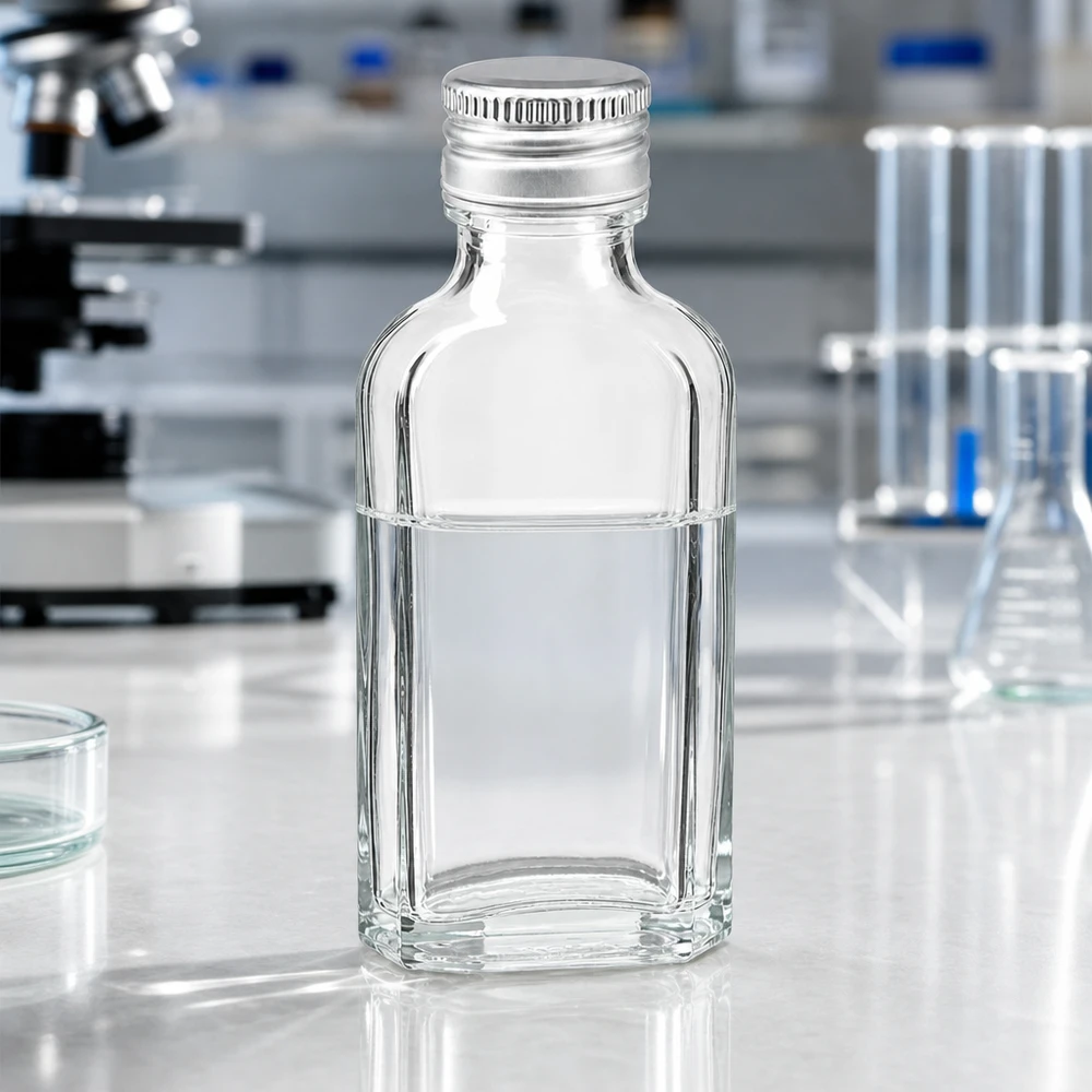 50 ml Meplat klar mit Alu Verschluss silber PP22 Miniatur Glasfläschchen Meplat 50ml klar mit silberfarbenem Alu Schraubverschluss PP22 Seitenansicht