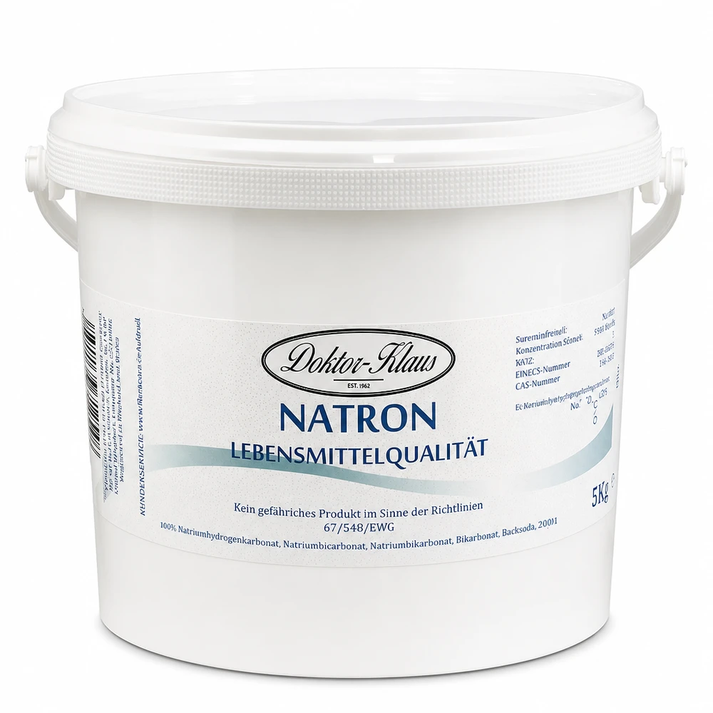 5 kg di bicarbonato di sodio Doctor Klaus in un secchio di plastica bianco con coperchio e maniglia per il trasporto, per uso domestico.