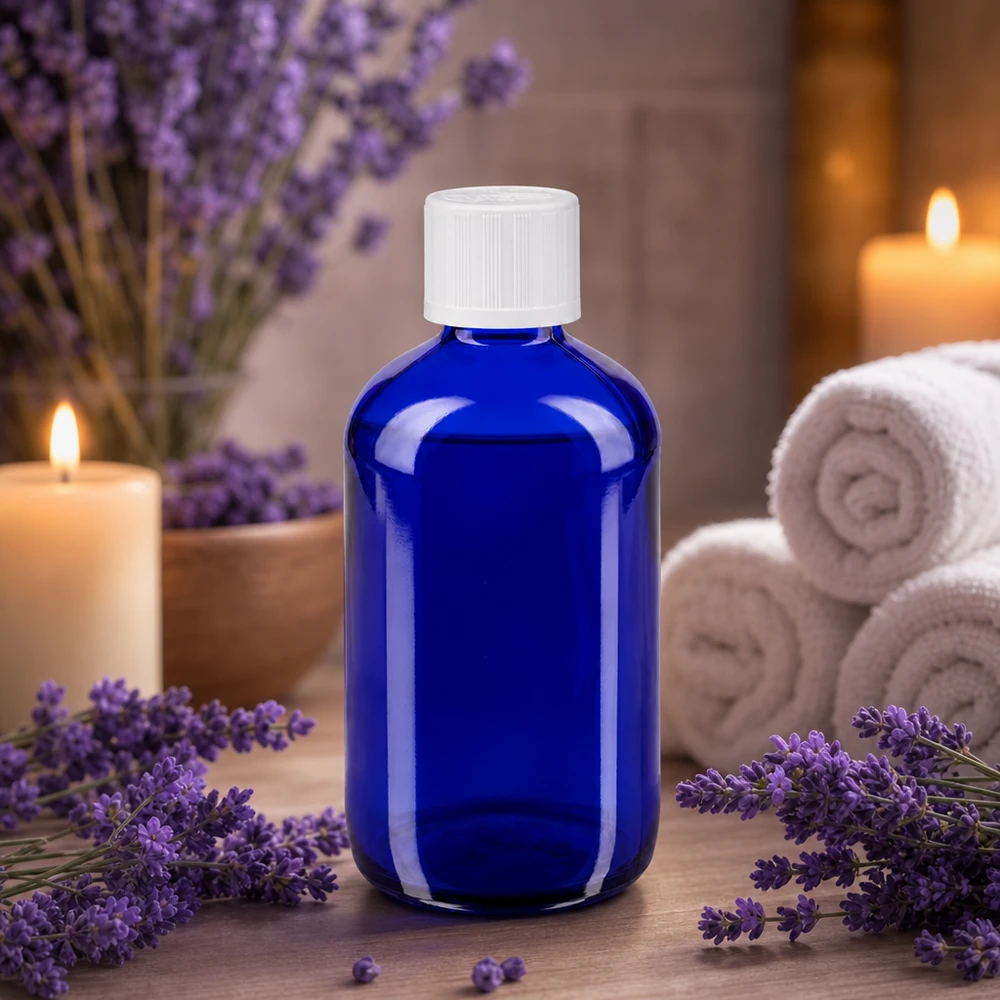 Flacon de pharmacie bleu 100ml bouchon compte-gouttes blanc sécurité enfant std Flacon de pharmacie bleu de 100 ml muni d'un bouchon de sécurité blanc pour enfants, entre des fleurs de lavande et des bougies
