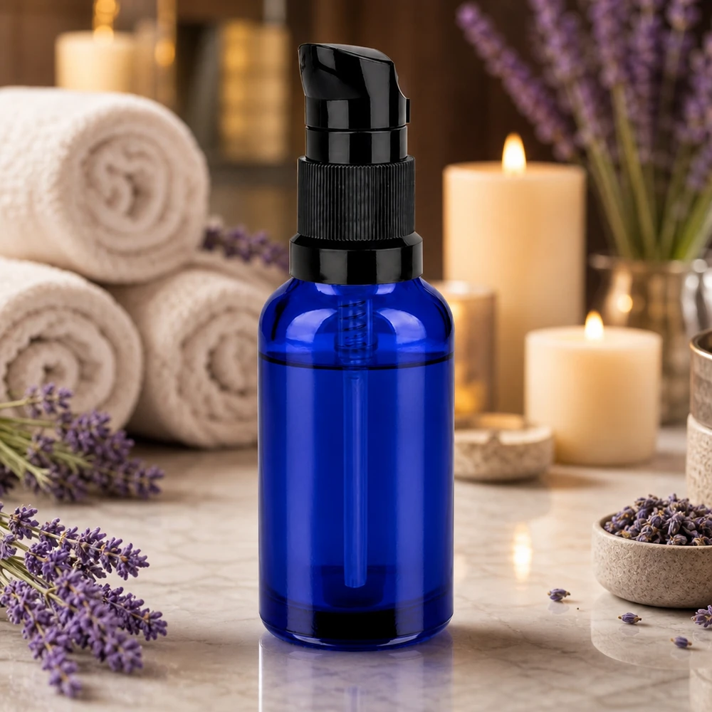 Elegante flacone in vetro da 30 ml con pompetta nera, perfetto per le spa e la bellezza.